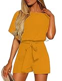Vetinee Womens Yellow Summer Casual Belted Romper Keyhole Back Short Sleeve Jumpsuit Playsuit Large (US 14-16)