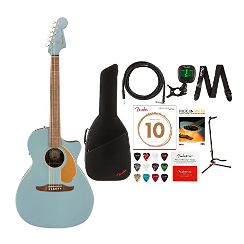 Fender Newporter Player 6-String Acoustic Guitar Walnut Fingerboard Value Bundle (Ice Blue Satin, Right-Hand) (10 Items)