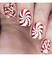 Christmas Press on Nails Short Square Fake Nails Red False Nails with Design Candy Cane Glossy Gl...