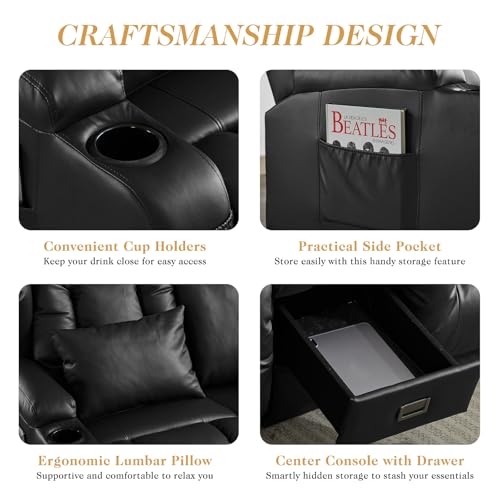 Image of Loveseat Recliner Sofa,RV Wall Hugger Recliners for Small Spaces,Reclining Loveseat Sofa Recliner with Cup Holders /Lumbar Pillows,RV Furniture (PU Black, Loveseat with Flip-up Console)