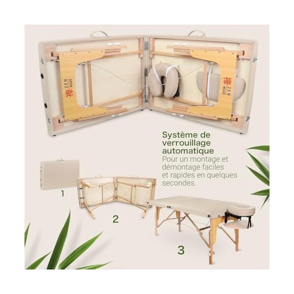 Zen Table de Massage Pliante professionelle - lit esthetique Table Tatouage, Extension de Cils en Bois et Hauteur réglable, Portable avec Appui-tête réglable, accoudoirs, Sac de Transport (Crème)