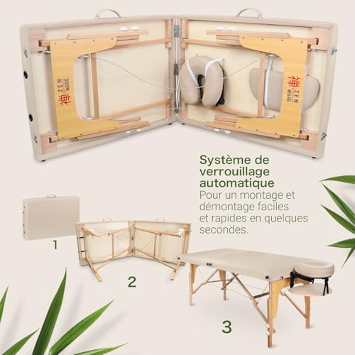 Zen Table de Massage Pliante professionelle - lit esthetique Table Tatouage, Extension de Cils en Bois et Hauteur réglable, Portable avec Appui-tête réglable, accoudoirs, Sac de Transport (Crème) – Image 6