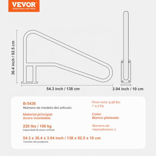 Miniatura 7 de Vevor Barandilla Para Piscina 1420 X 945 X 100 Mm Pasamanos Para Piscina De Acero Inoxidable Con Placa Base Barra De Seguridad Antioxidante Para Piscinas, Interiores, Exteriores, Terrazas, Spas