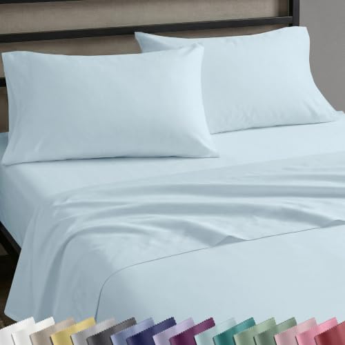 Image of California Design Den King Size Sheets Set - Natural 100% Cotton Deep Pocket King Sheet Set, Soft Sateen, Breathable and Durable Bedding - Baby Blue