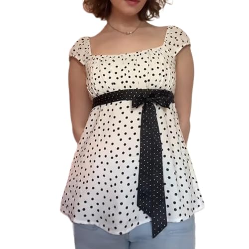 Women Polka Dot Babydoll Tops Y2k Cap Sleeve Square Neck Coquette Peplum Shirt Cute Teens Preppy Clothes (White, S)
