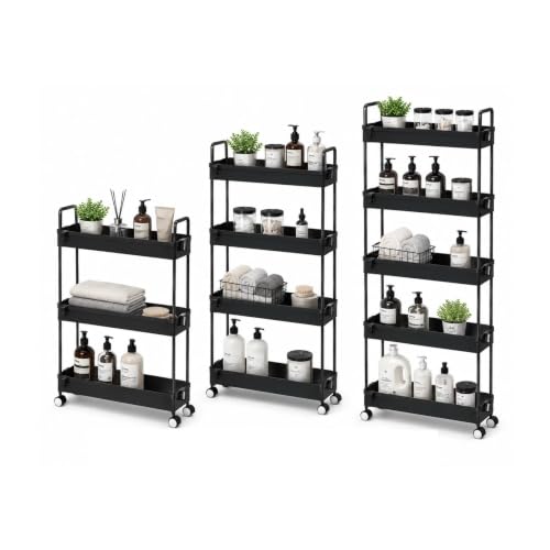 Image of 5 Tier Storage Trolley Cart on Wheels Slim Rolling Slide-Out Slim Utility Cart Storage Shelving Organizer for Kitchen Laundry Narrow Space Rack Space-Saving Bathroom Bedside Trolley