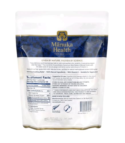 Image of Manuka Health Manuka Honey Cough Drops - 58 Natural Lemon & Ginger Flavored Throat Lozenges Infused with Raw Manuka Honey and Vitamin C for Immune Support