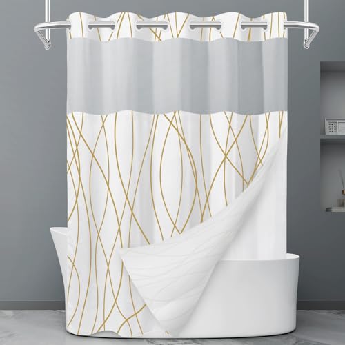 LXBNI Gold White Ringless Shower Curtain with Liner, 71 x 77 Inch