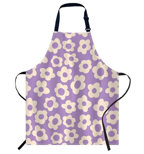 Smooffly Vintage Groovy Purple Flowers Apron Adjustable Bib Chef Aprons Cooking Apron Unisex Women Men Aprons Perfect for Home Kitchen, Baking, Gardening, Restaurant, Coffee house BBQ