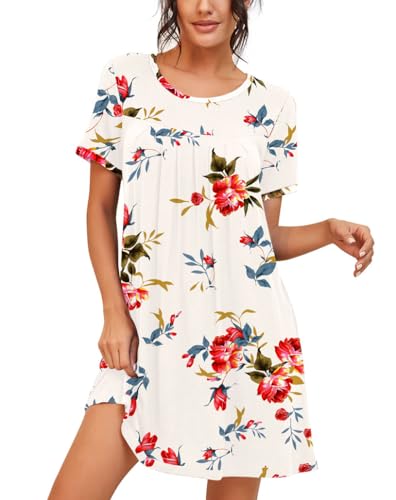 Image of PrinStory Nightgowns for Women Short Sleeve Night Gowns Pleated Sleep Shirt Ladies Nightshirt Soft Sleepwear