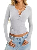 EasyGala Womens Cotton Long Sleeve Shirts V Neck Henley Tops Slim Fit Basic Going Out Tshirts Fall Fashion Outfits 2025 Light Heather Grey