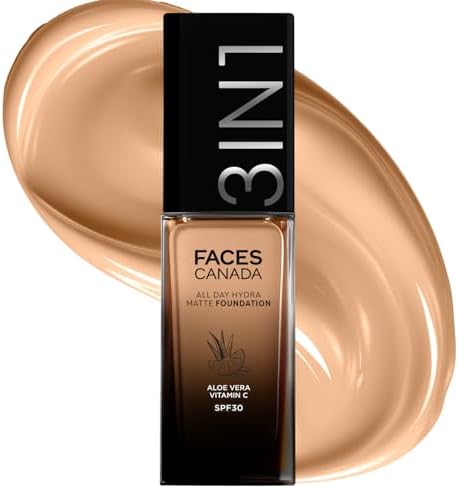 FACES CANADA All Day Hydra Matte Foundation | 3-in-1 Foundation + Moisturizer + SPF 30 | 24 HR Aloe Hydration & Vitamin C | 10HR Long Wear | Medium to High Buildable Coverage | Soft Sand 041 | 25ml