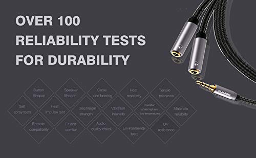 Dukabel Long Headphone Splitter (4Ft / 1.2M) Shielded 4-Pole Trrs 3.5 Y Splitter Cable 2-Way Female To Male Headphone Adapter Stereo Audio/Crystal-Nylon Braided / 24K Gold Plated / 99.99% 4N Ofc #TOP2