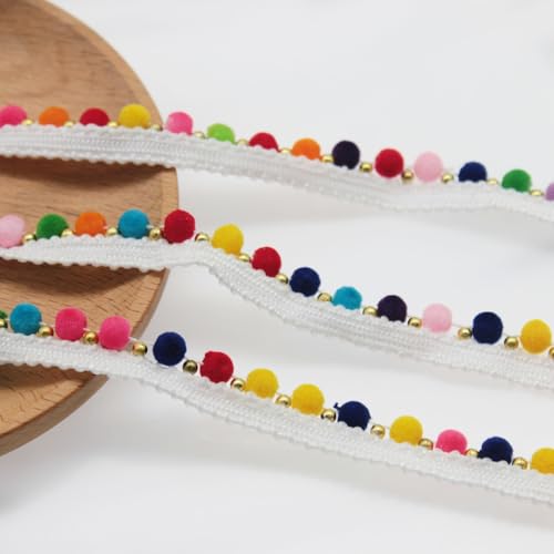 Yalulu 5 Yards Rainbow Pom Pom Ball Fringe Trim Ribbon for Clothes Sewing Lace Ribbon Home Party Wedding Material Apparel (White 1 Row) - Thumbnail 3