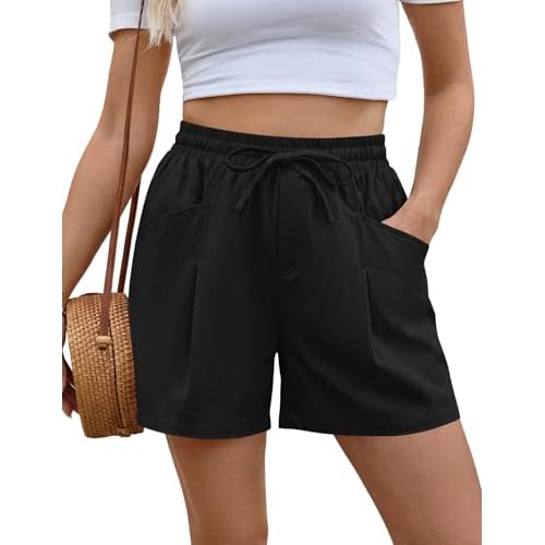 AKEWEI Linen Shorts Women Casual Wide Leg High Waisted Summer Outfits Comfy Elastic Waist Beach Shorts with Pockets Black Medium