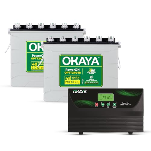Image of Okaya Inverter with Two Batteries Combo for Home,Office & Shops|ATSW 3050 24V Pure Sine Wave Inverter 2500VA with 36 Months Warranty & OPTT24048 210Ah Batteries with 48 Months Warranty