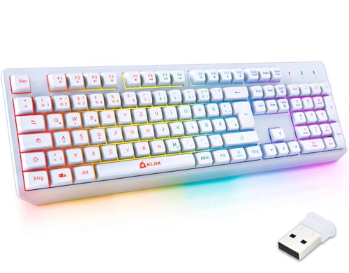 KLIM Chroma Wireless Gaming Tastatur Kabellos QWERTZ DE – RGB Beleuchtet, Leise & Ergonomisch, Langlebig & Wasserdicht – Für PC, Mac, PS4, PS5 – Weiß