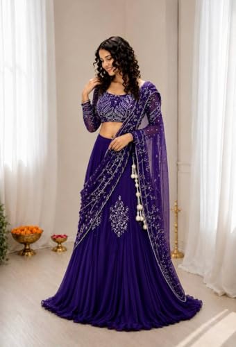 Image of Lehenga choli Womens And Girls Soft Crep Silk Saree With Full-Stitched Blouse With Embroidery Work Wedding navratri party letest