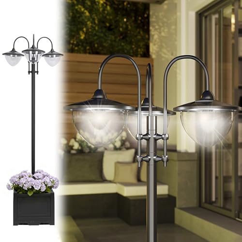 Outsunny 189cm 3-Head Solar Lamp Post, Street Light with Planter, Automatic-on, 6 Hour Max Outdoor Ready LED Lighting, Black