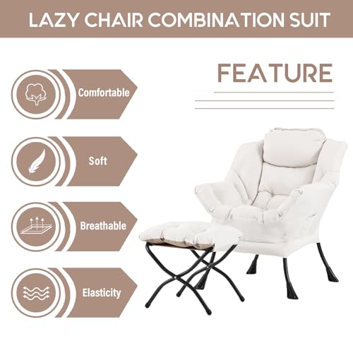 Image of LITA Lazy Chair with Ottoman, Modern Accent Leisure Upholstered Sofa, Contemporary Lounge Reading Chair with Armrests and a Side Pocket for Living Room, Bedroom & Small Space, Beige