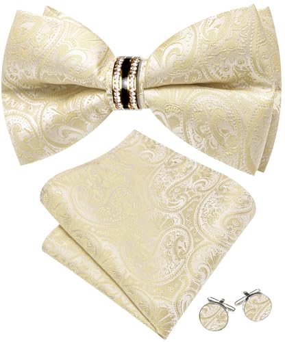 Image of YOHOWA Mens Bow Tie Set Paisley Pre-tied Bowties Adjustable with Handkerchief Cufflinks Gold Ring Set Wedding Prom Party