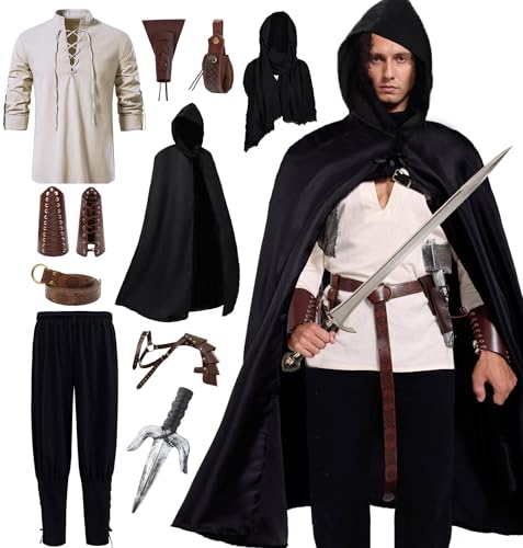 Akokvlar 10 Pcs Men Renaissance Costume Medieval Pirate Shirt Ankle Banded Pants Viking Outfit Set