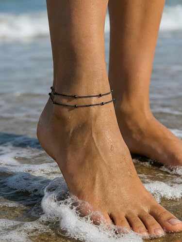 Image of FOCALOOK 14K Gold Plated Anklets for Women Waterproof Plus Size Ankle Bracelet 8.5-10.5 Inch Adjustable Mariner /Figaro /Flat Snake /Cuban Link Chain Anklet Jewelry for Summer Beach Holiday
