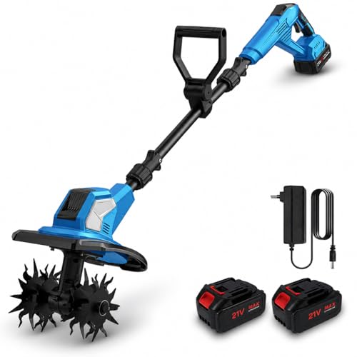 Motoazada Eléctrica 600 W, Motoazada Batería con 2 baterías, Barra Regulable y Plegable, Profundidad de Trabajo 24 cm, Ancho de Trabajo 17 cm, para Aflojar el Césped, Huerto y Jardín Residencial