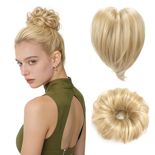 Kiiwah 2 Piezas Extensiones de Cabello Natural Corto & Moño Postizo, Con liga, Cabello Artificial, Coleta Postiza Pelo Accesorio para Mujer Niña (Platino 16H613)