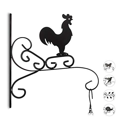 Relaxdays Ganci Appendivasi con Gallo, Portavasi da Parete, Decorazione da Giardino, in Metallo, 30 x 28 x 2 cm, Nero