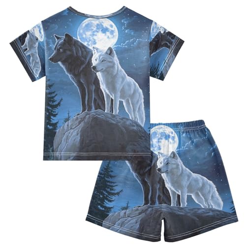 ALAZA Wolf Black White Moon Blue Pajamas Set Short Sleeve Cotton Sleepwear Summer Pjs 2 Piece 5-14Y2