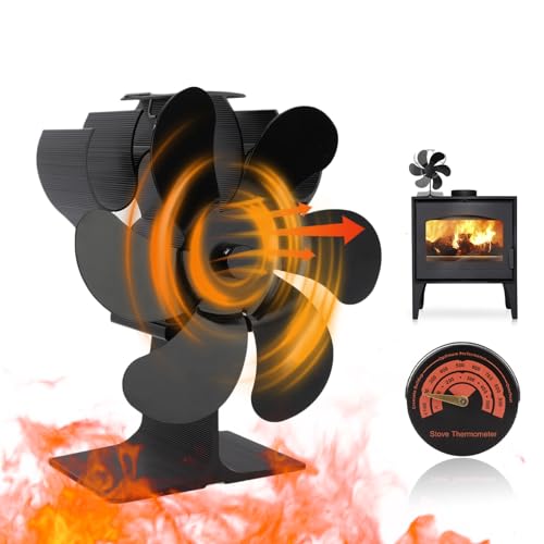 HshDUti Log Burner Fan Wood Stove Fan Small,6 Blades Wood Burning Stove Fan with Magnetic Thermometer, Heat Powered Fireplace Fan Eco Fans Friendly Circulation for Wood/Log Burner/Fireplace