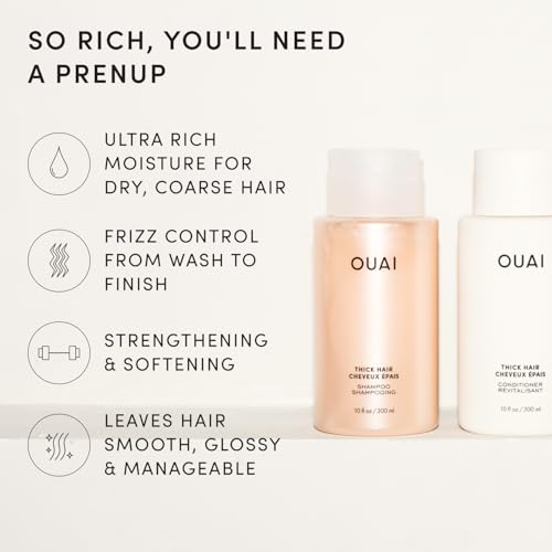 Image of OUAI Thick Hair Shampoo and Conditioner Set - Sulfate Free Shampoo and Conditioner for Thick Hair Care - Moisturizes, Strengthens & Fights Frizz - Made with Keratin & Shea Butter (10 Fl Oz)