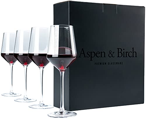 Aspen & Birch - Classic Wine Glasses Set Of 4 - Red Wine Glasses Or White Wine Glasses, Premium Crystal Stemware, Long Stem Wine Glasses Set, Clear, 15 Oz, Hand Blown Glass Crafted By Artisans #TOP27