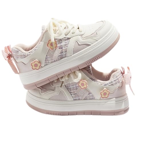 Y2K Cute Shoes Walking Sneakers for Women Chunky Pink Flower Bow Accents US 4-8
