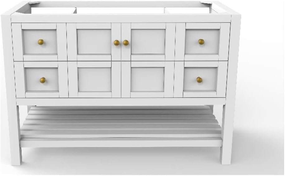 BOWERY HILL Modern 48" White Wood Bathroom Vanity Base, Gold Handles, Freestanding Cabinet, Soft-Close Doors, Birch and Plywood, Open Storage Shelf, Contemporary Design for Bathroom Renovations