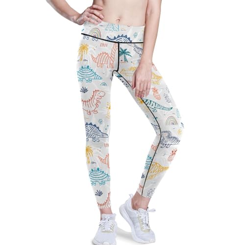 KLL Calça feminina de compressão infantil listrada com dinossauros fofos para ioga PP, Dinossauros f
