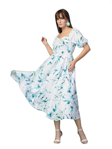 Image of OOMPH! Below Knee Shift Pink Dress in Crepe Fabric with Round Neck and Puff Sleeves - md619l