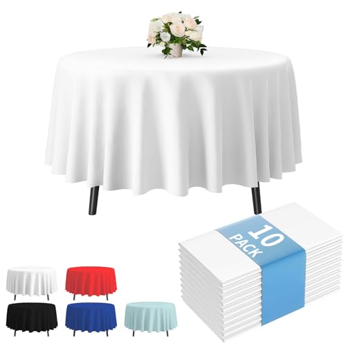 Fixwal Round Plastic Tablecloth 10 Pack, 84in. Round Tablecloth Disposable,Party, Picnic, Wedding, Decorative Tablecloths, Round White Plastic Cover, Leakproof & Sturdy, White