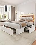 HAUOMS Queen Bed Frame with 5 XL Storage Drawers, Storage Headboard with RGB Lights & Charging Station, Velvet Upholstered Platform Bed Queen Size, No Box Spring Needed, Noise-Free, Creamy White