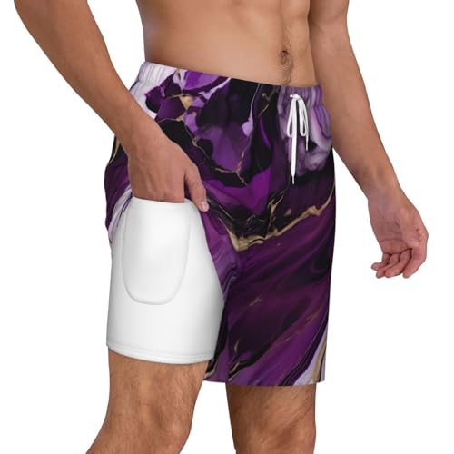 Dark Purple Texture Marble 1 Print Mens Swim Trunks Quick Dry Board Shorts Mesh Lining, Breathable Beach Surf Shorts3