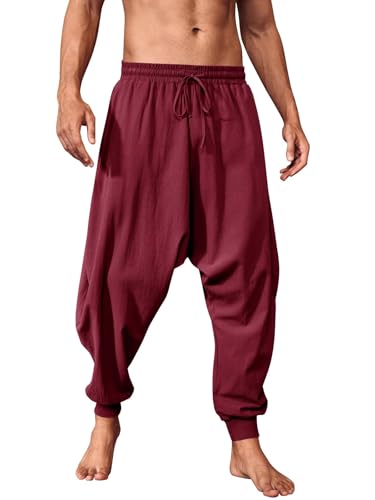 Runcati Hosen Herren Einfarbig Loose Fit Sommerhose Wikinger Pirat Mittelalter Leicht Elastische Taille Baggy Freizeithose Mit Kordelzug Und Taschen Hippie Hose Rot XXL Runcati Hosen Herren Einfarbig Loose Fit Sommerhose Wikinger Pirat Mittelalter Leicht Elastische Taille Baggy Freizeithose Mit Kordelzug Und Taschen Hippie Hose Rot XXL