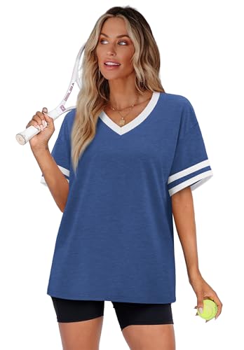 Image of WIHOLL Womens T Shirts Loose Fit Short Sleeve Tees V Neck Color Block Summer Tops 2026 Fashion S-4XL