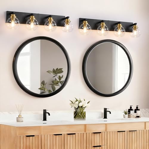Image of LmnLvn Bathroom Light Fixtures, Farmhouse Black & Gold Metal with Globe