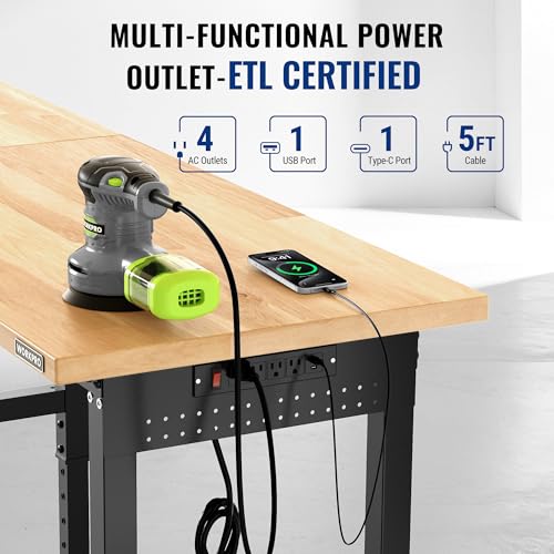 WORKPRO 96x24\" Heavy-Duty Adjustable Workbench, 4000LBS Load Capacity Work Table with Power Outlet & Pegboard, Rubber Wood Top Workstation with Leveling Foot for Garage, Workshop