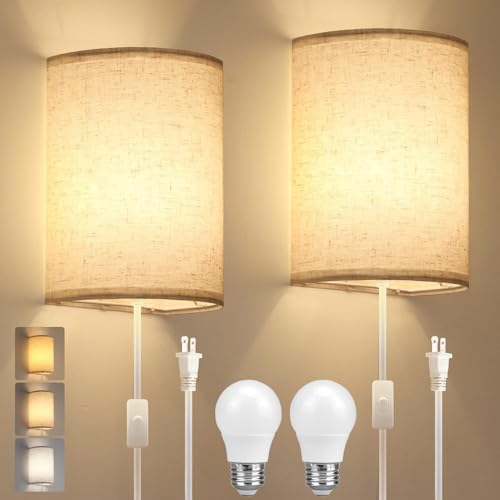 Plug in Wall Sconce, 3 Color Wall Sconces Set of Two, Industrial Lamp with Plug in Cord, Rustic Wall...