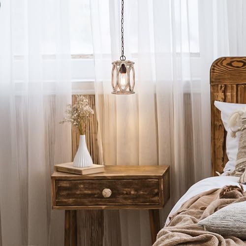 Image of KSANA Farmhouse Pendant Light, Wood Rustic Cage Lantern Hanging Light Fixture for Kitchen Island, Foyer, Hallway, Bedroom and Entryway