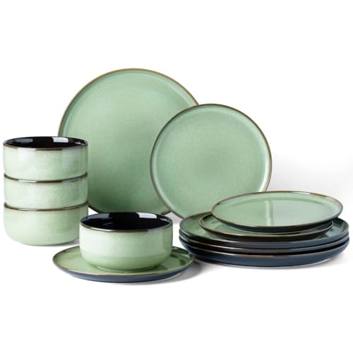 Leratio LDW011LG Ceramic Dinnerware Sets Of 4,Stoneware Plates And Bowls Sets,Handmade Reactive Glaze Dishes Set,Scratch Resistant cover