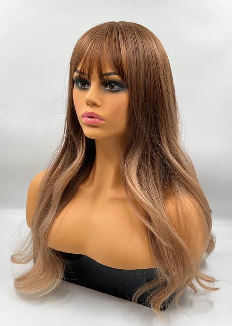 Miniatura 6 de JBEXTENSION Shatush Peluca rubia clara, CHERYL con flequillo, rubio con reflejos, ondulado, cabello largo, rizado, sin pegamento, pelucas sintéticas