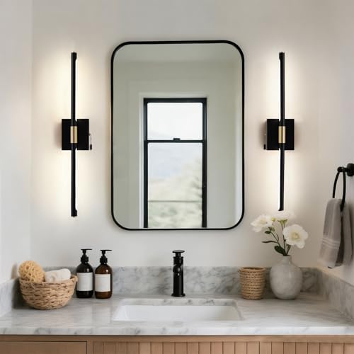 Image of 24 Inch Black and Gold Bathroom Vanity Light with Pull Chain Switch, Modern Over Mirror Wall Sconces Lighting, 6000K 360 Bath Light Fixture with Adjustable Lamp Tubes
